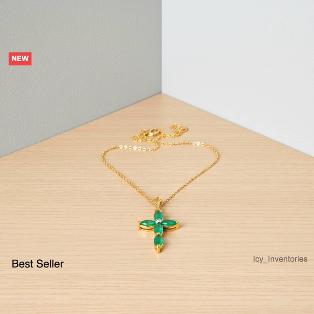 14k Gold Diamond Emerald Cross Pendant Necklace Elegant Classic Fine Jewelry